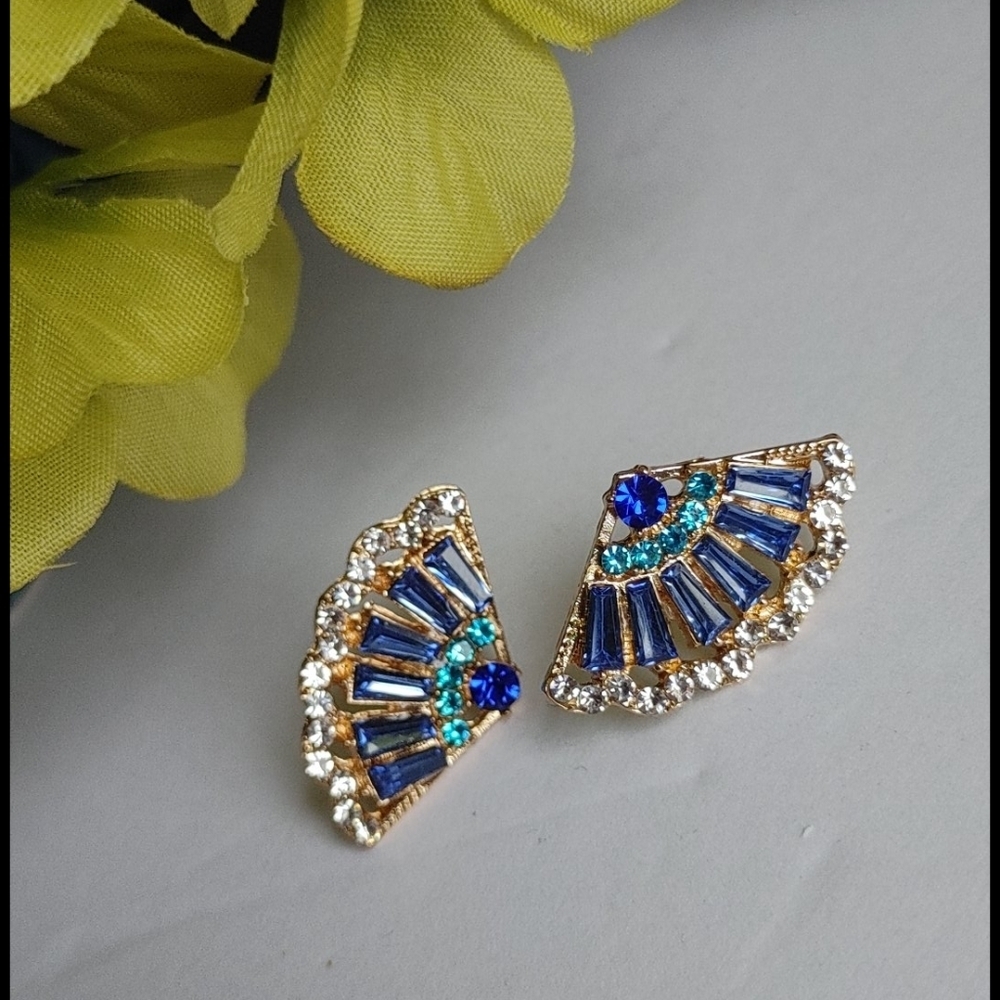 Blue Crystal Fan Post Earrings